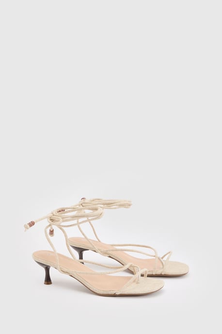 Linen Beaded Detail Strappy Heels - Image 3