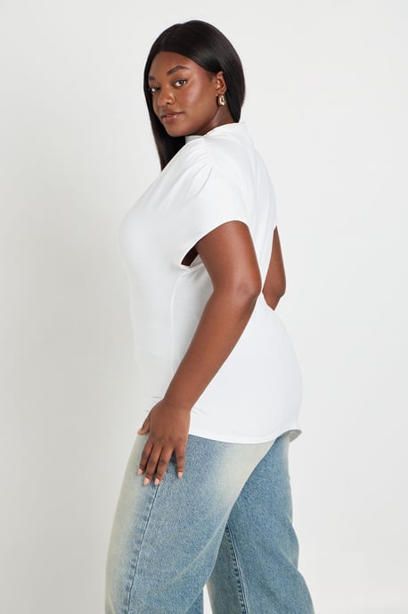 Plus Grown On Neck Cinched Waist TShirt With Drape Side Detail - Image 2