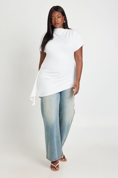 Plus Grown On Neck Cinched Waist TShirt With Drape Side Detail - Image 3