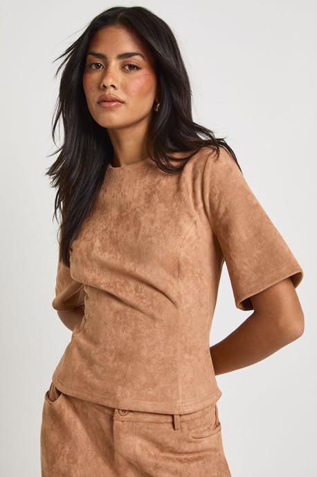 Suede Cinch Waist High Neck Tee - Image 1