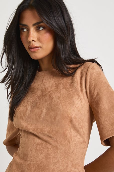 Suede Cinch Waist High Neck Tee - Image 4
