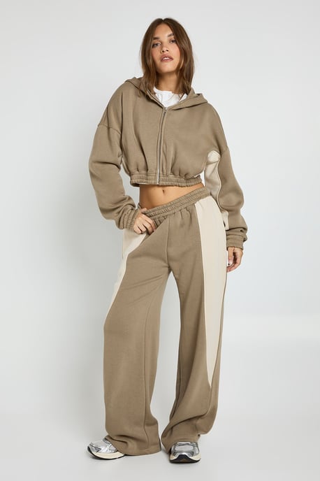 Contrast Panel Zip Through Hoodie Wide Leg Jogger Tracksuit - Image 1
