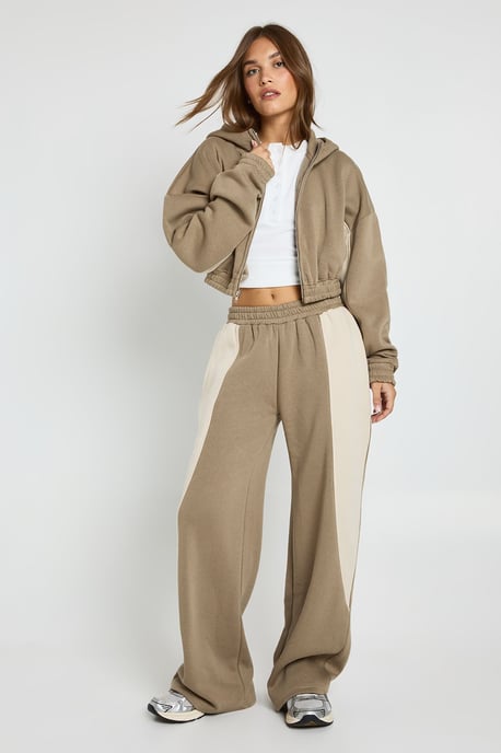 Contrast Panel Zip Through Hoodie Wide Leg Jogger Tracksuit - Image 3