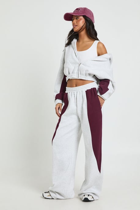 Petite Contrast Panel Zip Through Hoodie Wide Leg Jogger Tracksuit - Image 1