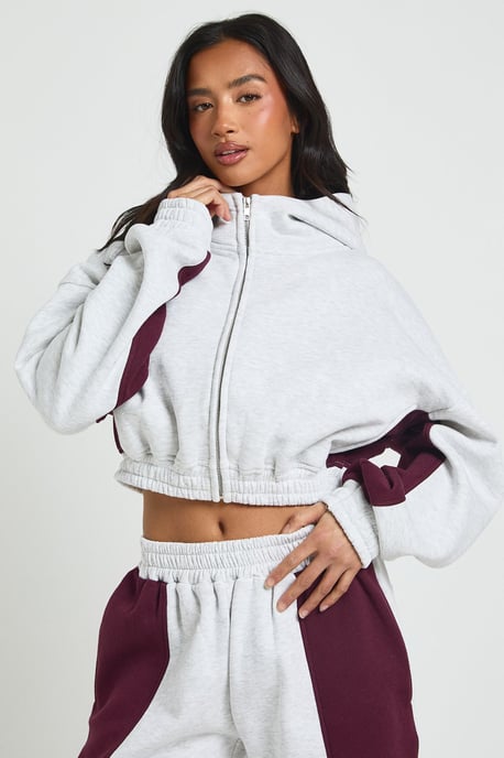 Petite Contrast Panel Zip Through Hoodie Wide Leg Jogger Tracksuit - Image 3