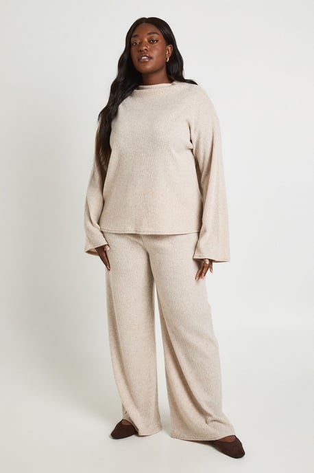 Plus Brushed Rib High Neck Boxy Top & Trouser Co Ord - Image 1