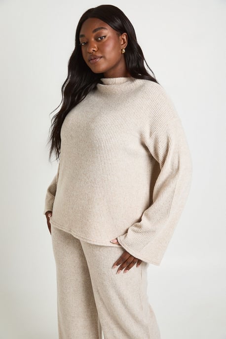 Plus Brushed Rib High Neck Boxy Top & Trouser Co Ord - Image 4