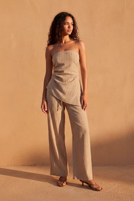 Drawstring Linen Look Stripe Trouser - Image 1