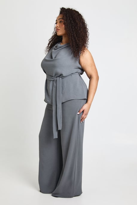 Plus Woven Long Sleeve Cowl Belted Trouser Co-Ord - Image 3