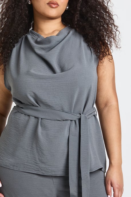 Plus Woven Long Sleeve Cowl Belted Trouser Co-Ord - Image 4