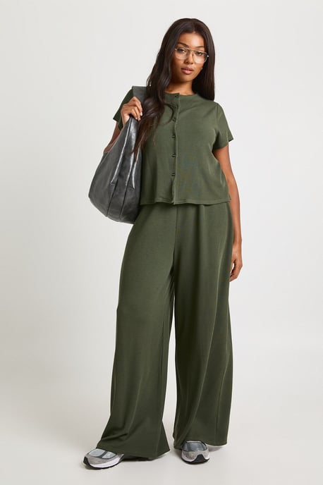 Plus Crinkle Rib Button Through Cap Sleeve Top and Trouser Set - Image 1
