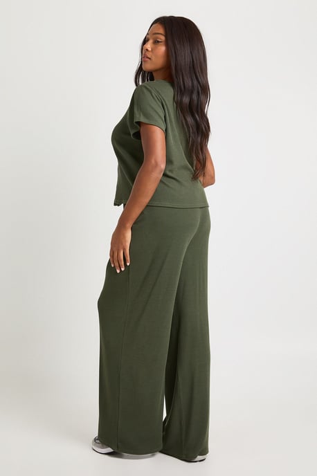 Plus Crinkle Rib Button Through Cap Sleeve Top and Trouser Set - Image 2