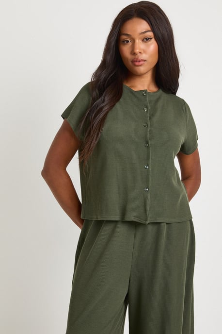 Plus Crinkle Rib Button Through Cap Sleeve Top and Trouser Set - Image 4
