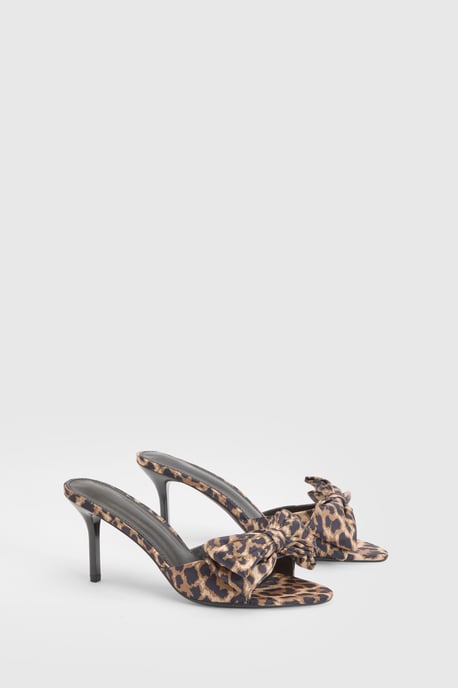 Satin Oversized Bow Leopard Print Heeled Mules - Image 3