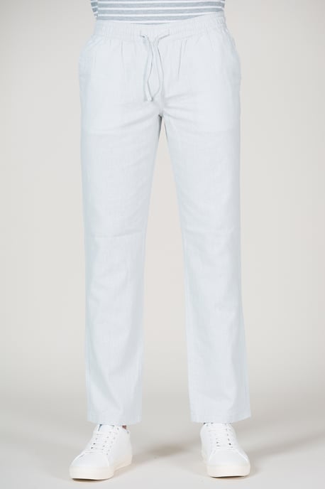 Grey Cotton Linen Drawstring Straight Leg Trousers - Image 1