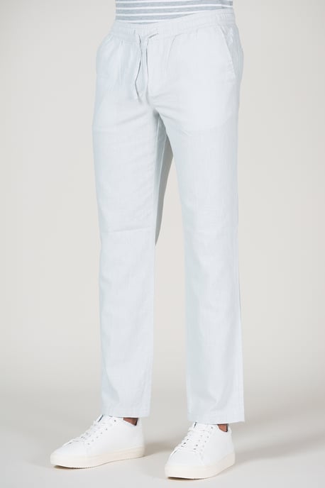 Grey Cotton Linen Drawstring Straight Leg Trousers - Image 2