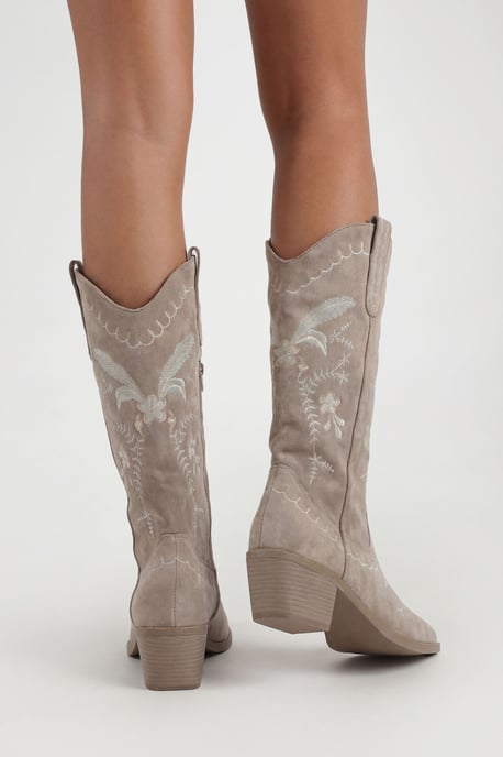 Faux Suede Embroidered Detail Calf High Western Boots - Image 2
