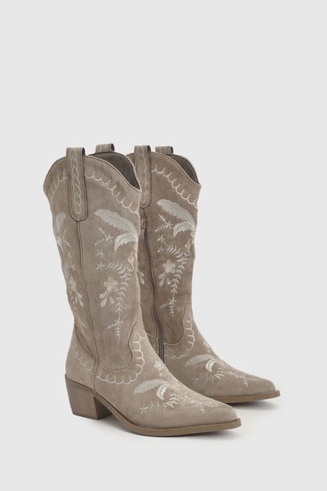 Faux Suede Embroidered Detail Calf High Western Boots - Image 3