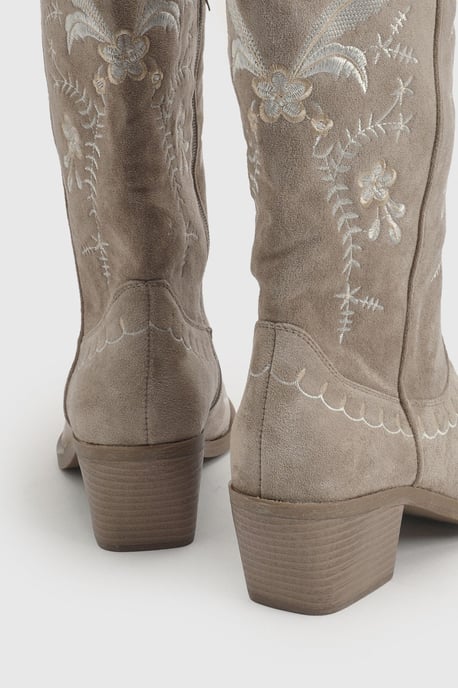 Faux Suede Embroidered Detail Calf High Western Boots - Image 4