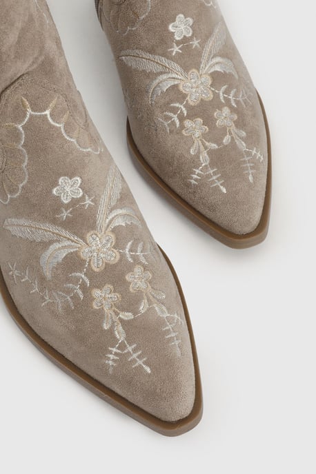 Faux Suede Embroidered Detail Calf High Western Boots - Image 5