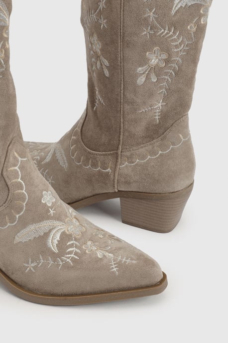 Faux Suede Embroidered Detail Calf High Western Boots - Image 6