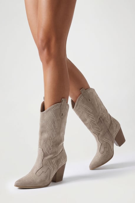 Faux Suede Stud Detail Western Boots - Image 1