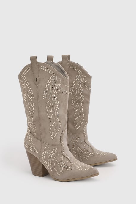Faux Suede Stud Detail Western Boots - Image 3