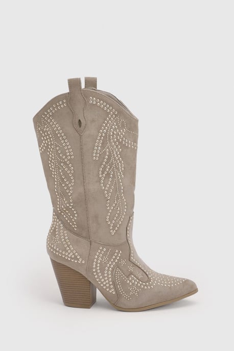 Faux Suede Stud Detail Western Boots - Image 4