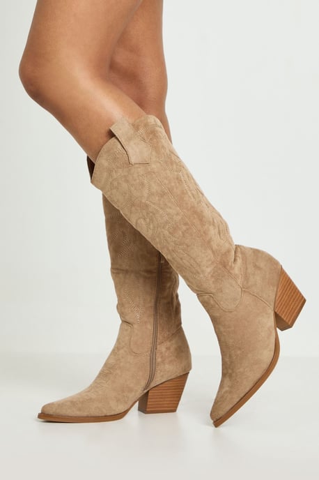 Faux Suede Embroidered Knee High Western Boots - Image 1