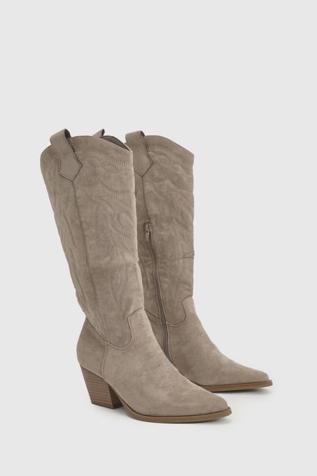 Faux Suede Embroidered Knee High Western Boots - Image 3