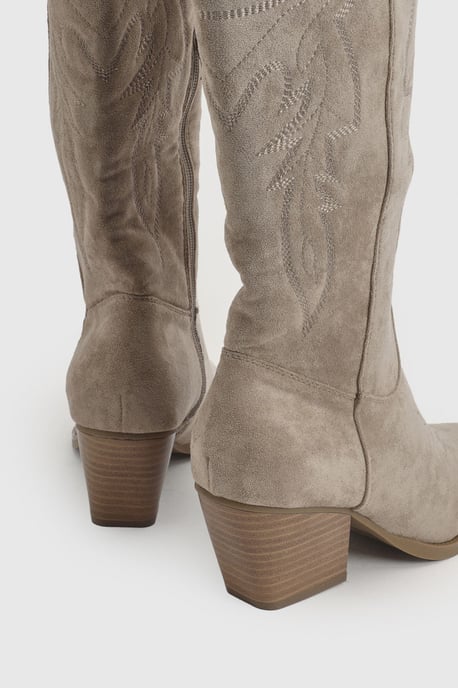 Faux Suede Embroidered Knee High Western Boots - Image 4