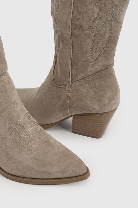 Faux Suede Embroidered Knee High Western Boots - Image 6