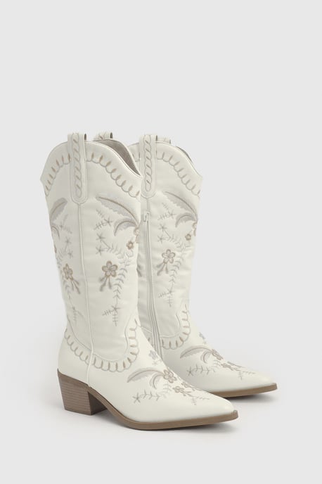 Embroidered Detail Calf High Western Boots - Image 3