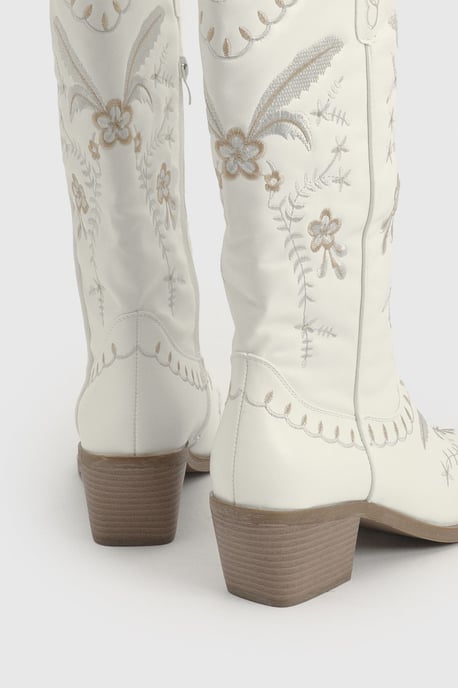Embroidered Detail Calf High Western Boots - Image 4