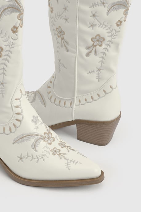 Embroidered Detail Calf High Western Boots - Image 6