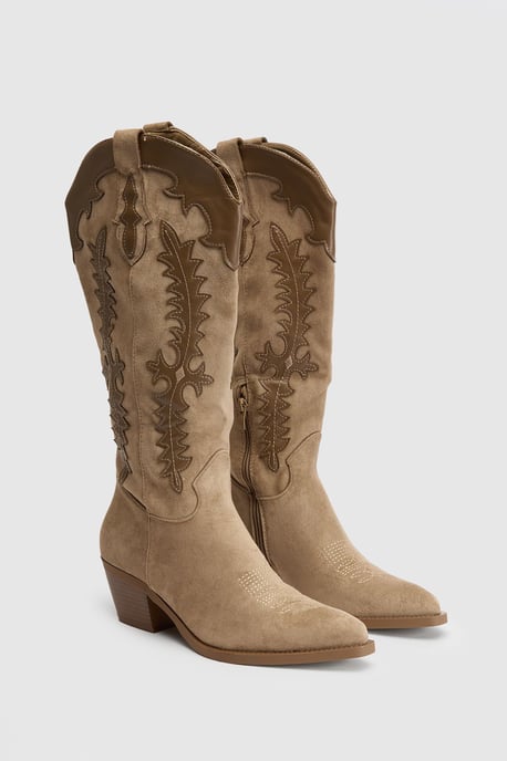 Faux Suede Contrast Detail Knee High Western Boots - Image 3