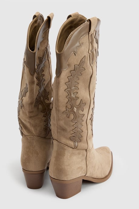 Faux Suede Contrast Detail Knee High Western Boots - Image 4