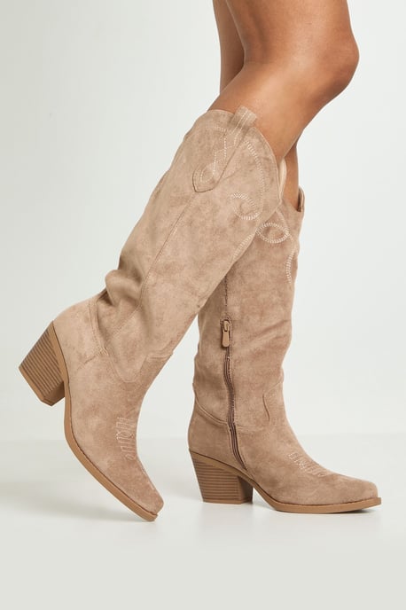 Faux Suede Tab Detail Knee High Western Boots - Image 2