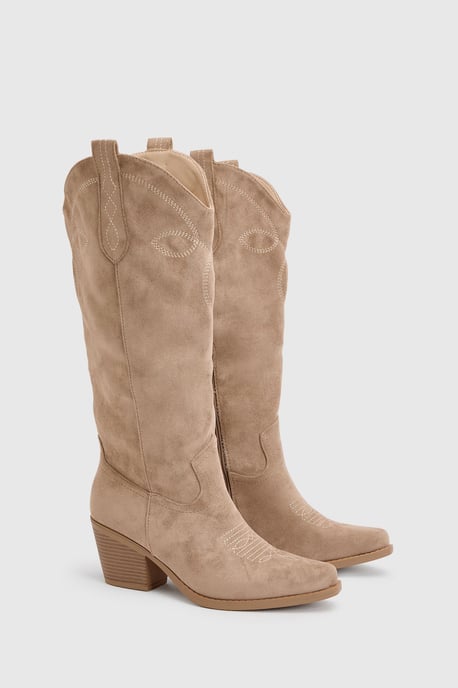 Faux Suede Tab Detail Knee High Western Boots - Image 3