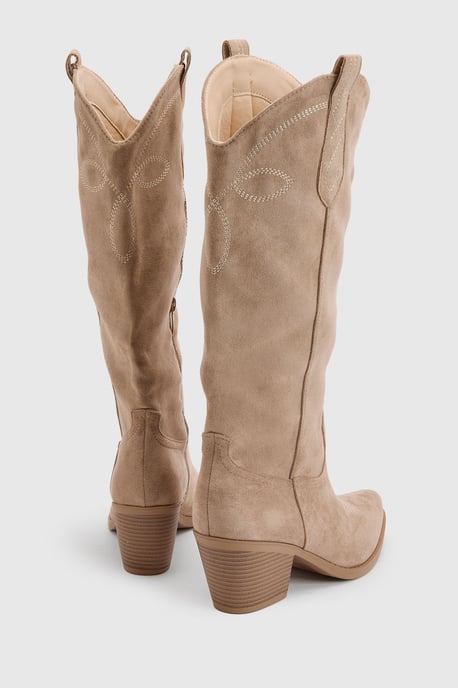 Faux Suede Tab Detail Knee High Western Boots - Image 4