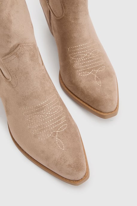 Faux Suede Tab Detail Knee High Western Boots - Image 5