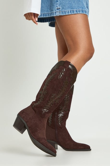 Faux Suede Contrast Detail Knee High Western Boots - Image 2