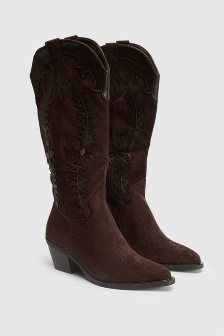 Faux Suede Contrast Detail Knee High Western Boots - Image 3