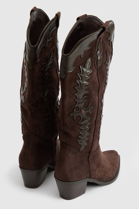 Faux Suede Contrast Detail Knee High Western Boots - Image 4