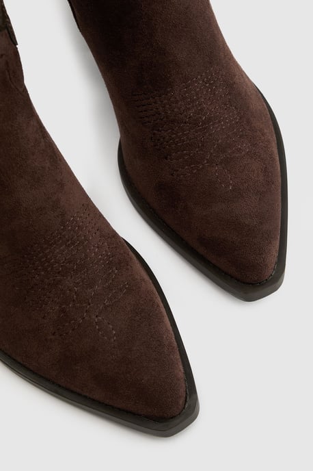 Faux Suede Contrast Detail Knee High Western Boots - Image 5