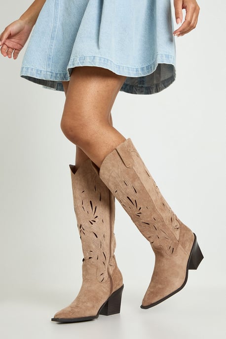 Faux Suede Cut Out Detail Western Boots - Image 2