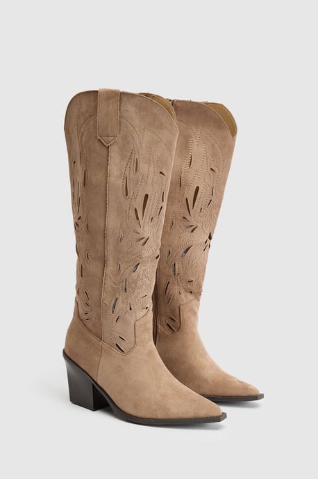Faux Suede Cut Out Detail Western Boots - Image 3