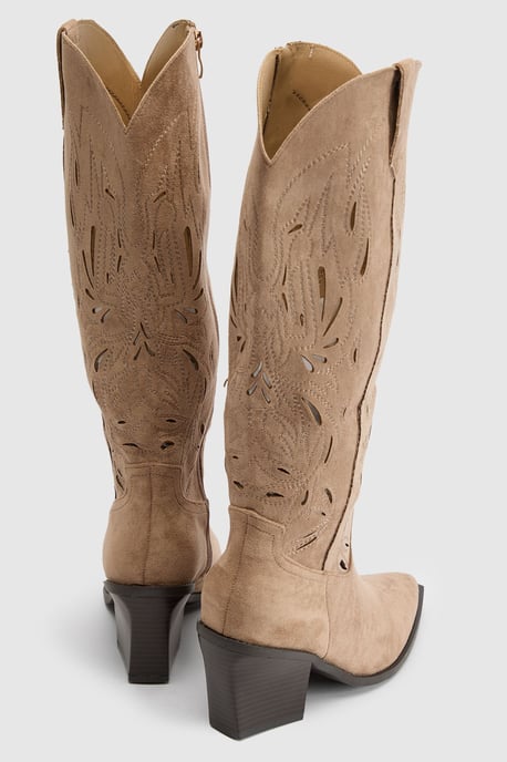 Faux Suede Cut Out Detail Western Boots - Image 4