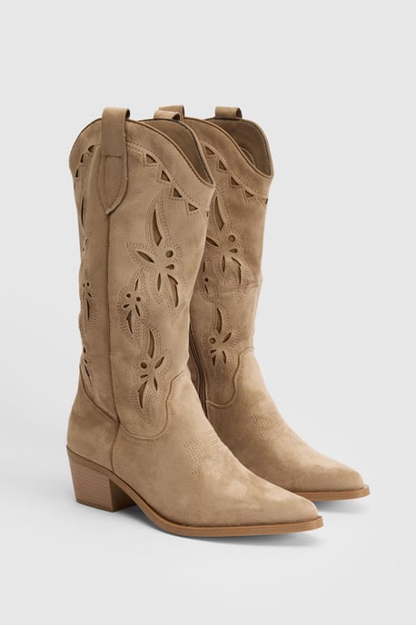 Faux Suede Cut Out Detail Knee High Western Boots - Image 3