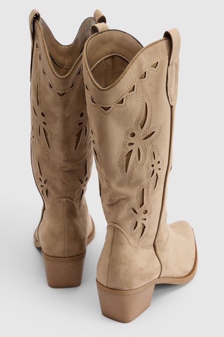 Faux Suede Cut Out Detail Knee High Western Boots - Image 4